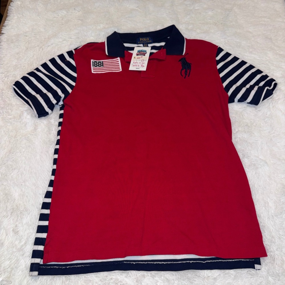 Polo Ralph Lauren Polo Shirt Kids XL Red Blue Striped Excellent USA Flag Patch